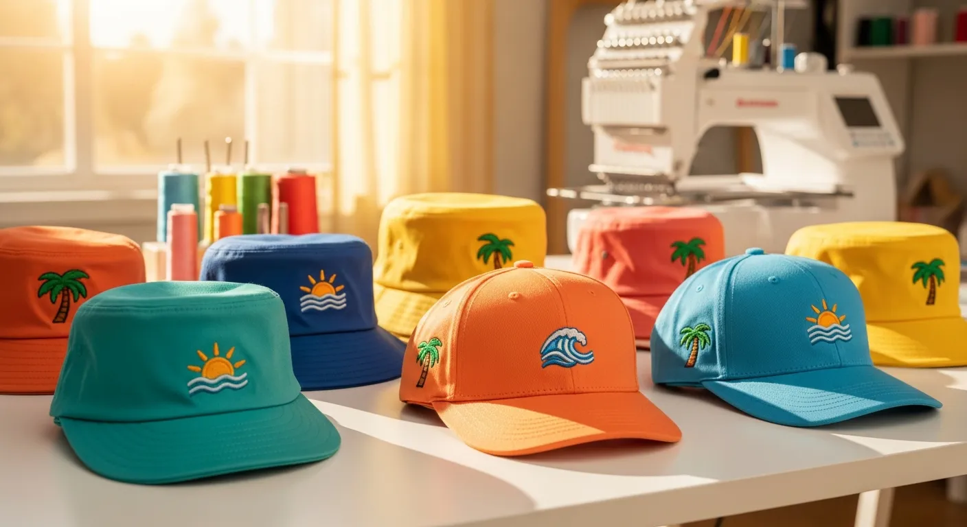 Colorful custom-branded hats and caps made by kids at camp