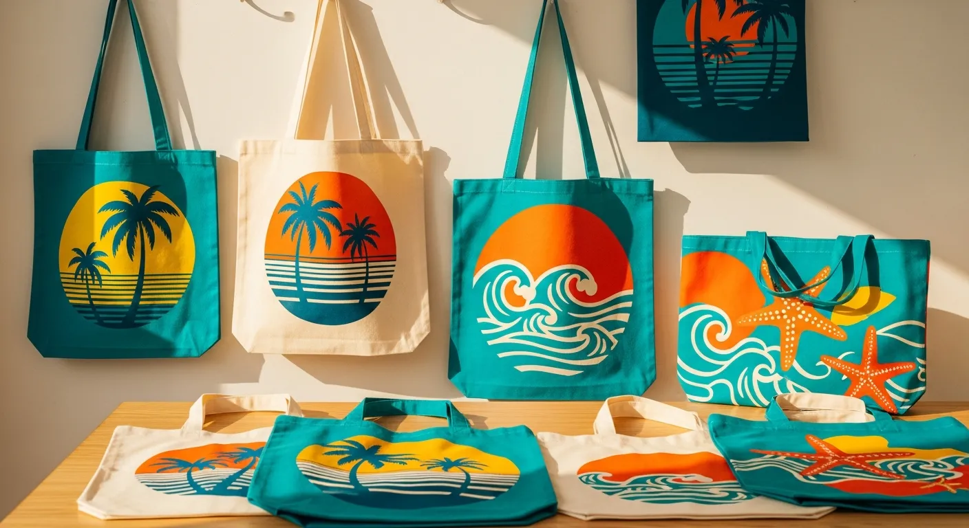 Colorful personalized canvas tote bags made by kids at camp