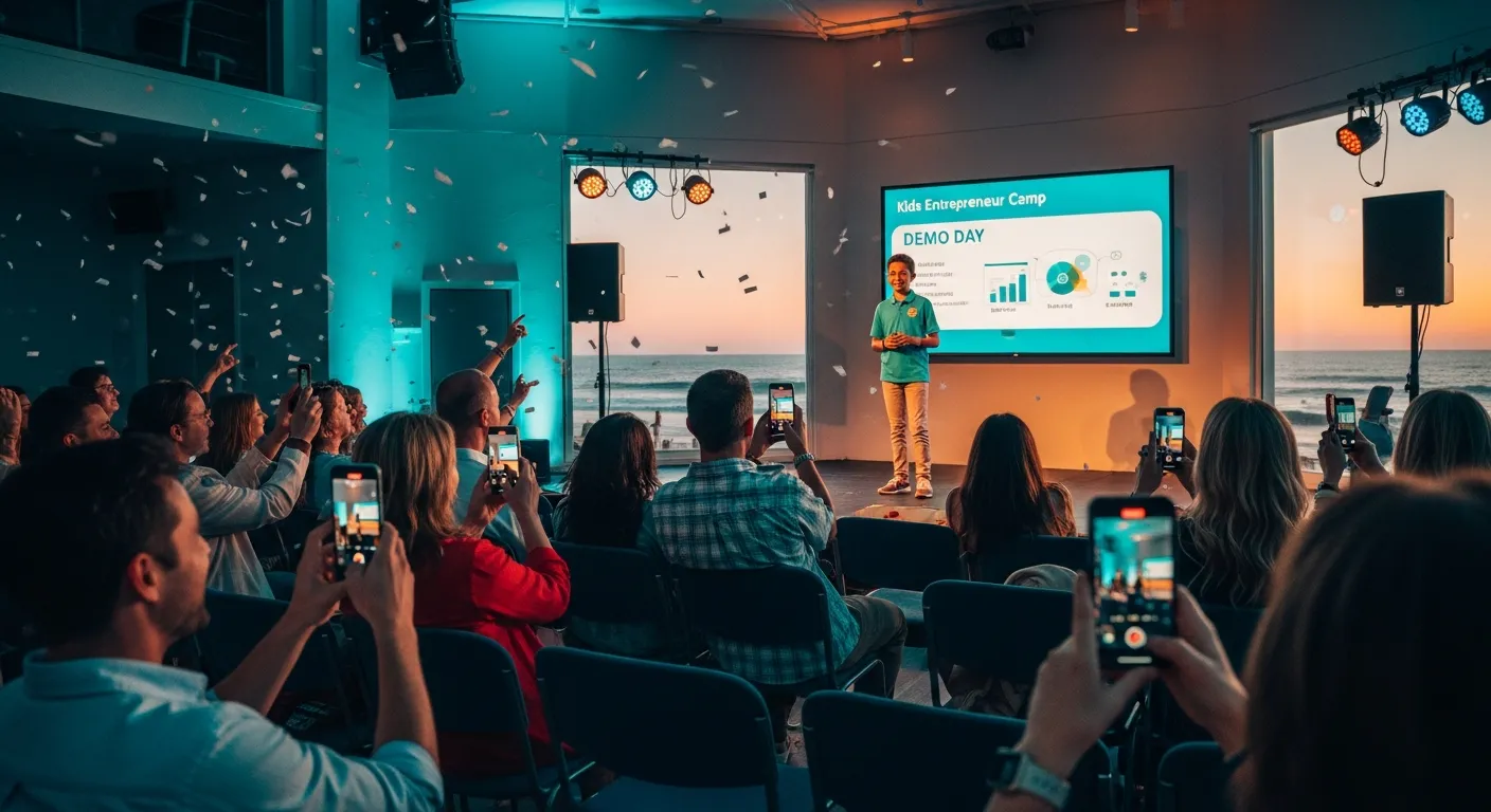 A camper presenting their business on Pizza & Pitch Day while parents watch and film