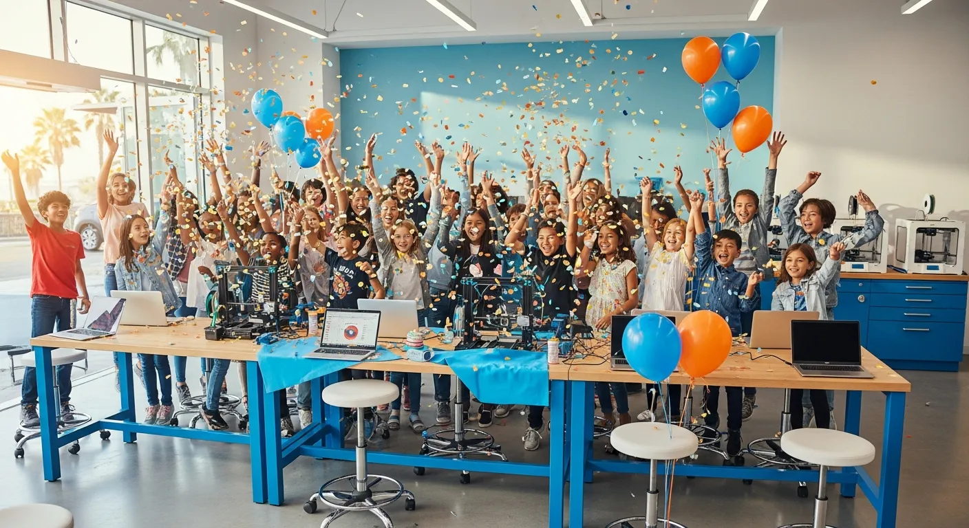 Kids celebrating a birthday party in the YEC maker space
